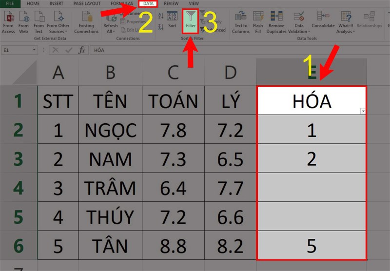 Chọn DATA và chọn Filter.